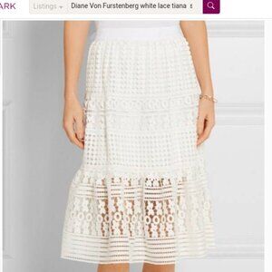 Diane Von Furstenberg Size 2 White Tiana Floral Lace Flared Midi Skirt NWOT